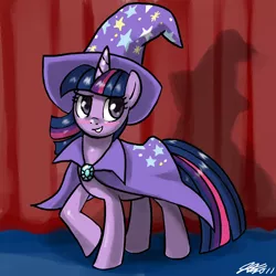 Size: 900x900 | Tagged: safe, artist:johnjoseco, derpibooru import, ponibooru import, twilight sparkle, pony, unicorn, accessory swap, blushing, curtains, female, mare, solo, stage, the great and powerful, the great and powerful twilight, trixie's cape, trixie's hat