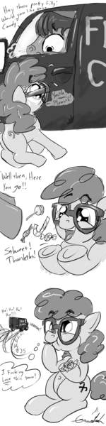 Size: 600x2400 | Tagged: safe, artist:gavalanche, derpibooru import, twist, earth pony, pony, averted grimdark, bait and switch, candy, comic, everything went better than expected, female, filly, food, free candy, glasses, male, monochrome, rape van, seems legit, stallion, van, vulgar, what a twist