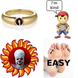 Size: 1050x1050 | Tagged: barefoot, barely pony related, cher, derpibooru import, earthbound, feet, it, ness, pennywise, rebus, ring, safe