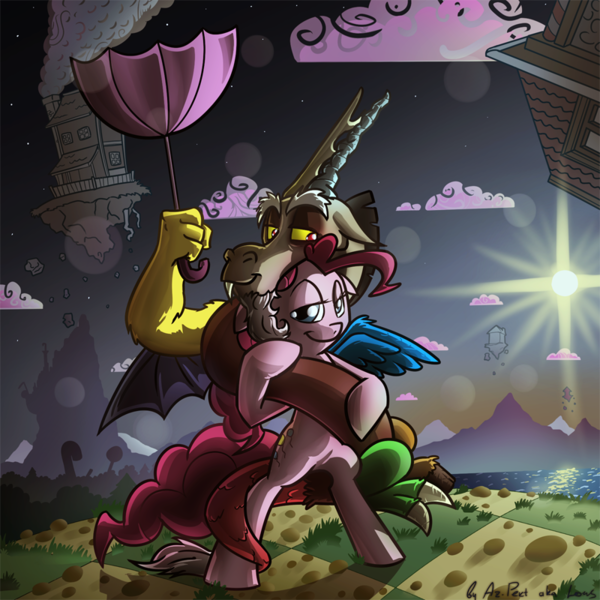 Size: 800x800 | Tagged: safe, artist:az-pekt, derpibooru import, discord, pinkie pie, draconequus, earth pony, pony, chaos, discopie, female, male, mare, shipping, straight