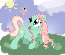 Size: 509x431 | Tagged: safe, artist:celerypony, derpibooru import, minty, butterfly, earth pony, pony, female, g3, g3 to g4, generation leap, mare, smiling, solo
