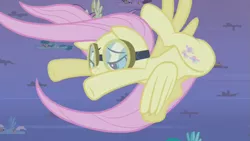 Size: 853x480 | Tagged: safe, derpibooru import, screencap, bons away, fluttershy, prism glider, purple waters, spring melody, sprinkle medley, pegasus, pony, hurricane fluttershy, female, flexible, flying, goggles, mare, solo focus, tornado