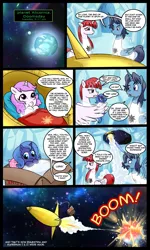 Size: 900x1500 | Tagged: safe, artist:madmax, derpibooru import, princess celestia, princess luna, oc, oc:fausticorn, alicorn, pony, alicorn oc, and that's how equestria was made, baby, baby pony, box, comic, craig mccracken, craigstallion, earth shattering kaboom, female, hilarious in hindsight, krypton, lauren faust, male, mare, parody, pony in a box, rocket, stallion, superman, woona