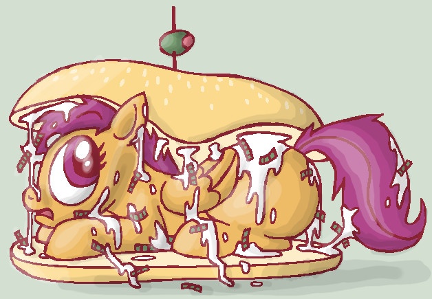 Size: 628x435 | Tagged: safe, artist:secretgoombaman12345, derpibooru import, scootaloo, chicken, pegasus, pony, female, filly, food, implied vore, mayonnaise, prone, sandwich, sauce, scootaburger, solo