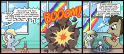 Size: 1500x656 | Tagged: safe, artist:madmax, derpibooru import, derpy hooves, doctor whooves, time turner, earth pony, pegasus, pony, the cutie mark chronicles, comic, derp, explosion, female, filly, male, origins, science, sonic rainboom, stallion, window, young