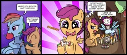 Size: 1500x656 | Tagged: safe, artist:madmax, derpibooru import, ponibooru import, rainbow dash, scootaloo, pegasus, pony, apple, apple core, candle, comic, feather, female, filly, foal, food, hair, hero worship, mare, not creepy, offscreen character, paper, plate, scootaloo's parents, shrine, stalker shrine, sunburst background