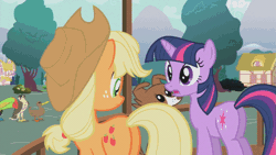 Size: 853x480 | Tagged: safe, derpibooru import, screencap, applejack, twilight sparkle, winona, bird, duck, earth pony, falcon, keel-billed toucan, pony, toucan, unicorn, may the best pet win, animated, face licking, female, gif, licking, mare, plot