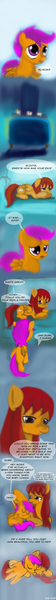 Size: 900x9674 | Tagged: safe, artist:gunslingerpen, derpibooru import, scootaloo, pegasus, pony, comic:big sis, comic, crying, family, female, filly, mare, mother and daughter, photoshop, prone, sad, wing blanket