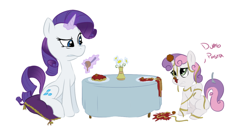 Size: 1200x661 | Tagged: safe, artist:okiedokielowkey, derpibooru import, rarity, sweetie belle, pony, unicorn, colored, cushion, dinner, dumb fabric, female, filly, food, horn impalement, magic, mare, meatball, mess, messy, messy eating, pasta, ponies eating meat, simple background, sitting, spaghetti, sweetie fail
