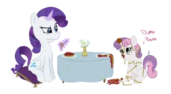 Size: 1200x661 | Tagged: safe, artist:okiedokielowkey, derpibooru import, rarity, sweetie belle, pony, unicorn, colored, cushion, dinner, dumb fabric, female, filly, food, horn impalement, magic, mare, meatball, mess, messy, messy eating, pasta, ponies eating meat, simple background, sitting, spaghetti, sweetie fail