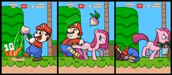 Size: 1500x656 | Tagged: safe, artist:madmax, derpibooru import, mr. turnip, pinkie pie, earth pony, pony, comic, crossover, female, kicking, mare, mario, mouth hold, nintendo, pinkamena diane pie, super mario bros.