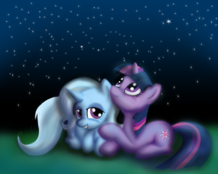 Size: 1800x1440 | Tagged: safe, artist:gunslingerpen, derpibooru import, trixie, twilight sparkle, pony, unicorn, duo, female, lesbian, looking up, mare, night, photoshop, prone, shipping, stargazing, twixie, unicorn twilight