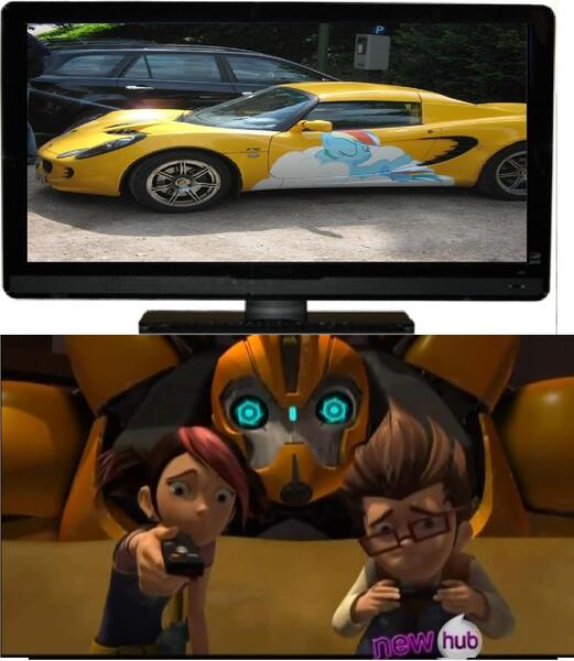 Size: 1366x1572 | Tagged: bumblebee, car, derpibooru import, hub logo, lotus (car), lotus elise, meme, miko, miko nakadai, raf, rainbow dash, safe, transformers