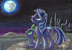 Size: 1500x1052 | Tagged: safe, artist:dawnmistpony, derpibooru import, spike, twilight sparkle, dragon, pony, unicorn, duo, female, looking up, male, mare, mare in the moon, moon, night, traditional art