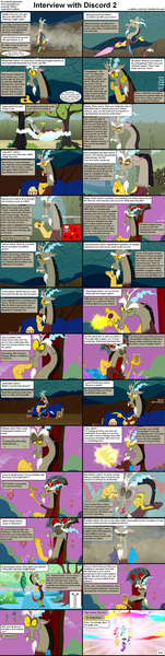 Size: 1282x5090 | Tagged: safe, derpibooru import, applejack, discord, fluttershy, pinkie pie, rainbow dash, rarity, twilight sparkle, draconequus, earth pony, pegasus, pony, unicorn, comic:celestia's servant interview, caption, comic, glowing eyes, interview, male, mane six