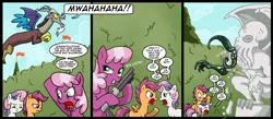 Size: 1500x656 | Tagged: safe, artist:madmax, derpibooru import, cheerilee, discord, scootaloo, sweetie belle, draconequus, earth pony, pegasus, pony, unicorn, comic, cthulhu, cthulhu mythos, female, filly, gun, male, mare, noogie, shotgun, weapon