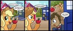 Size: 1500x656 | Tagged: safe, artist:madmax, derpibooru import, applejack, doctor whooves, time turner, ponified, earth pony, pony, apple, comic, crossover, duo, eleventh doctor, female, male, mare, stallion, tardis