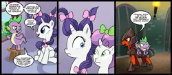 Size: 1500x656 | Tagged: safe, artist:madmax, derpibooru import, rarity, spike, sweetie belle, dragon, pony, unicorn, arrested, bow, carrying, comic, cuffs, female, filly, guard, imperial guard, male, manacles, mare, shocked, stalker