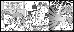 Size: 1500x656 | Tagged: safe, artist:madmax, derpibooru import, carrot cake, cloudy quartz, cup cake, pinkie pie, princess celestia, alicorn, earth pony, pony, bed, comic, deadpool, deathbed, female, hat, male, mare, monochrome, monocle, princess, stallion, tablecloth, top hat