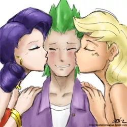 Size: 850x850 | Tagged: safe, artist:johnjoseco, artist:michos, derpibooru import, applejack, rarity, spike, human, applespike, belly dancer, blushing, class, eyes closed, female, humanized, kiss on the cheek, kiss sandwich, kissing, lucky bastard, male, shipping, sparijack, sparity, spike gets all the mares, spikelove, straight