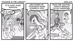 Size: 1024x575 | Tagged: safe, artist:don-ko, derpibooru import, doctor whooves, fluttershy, princess celestia, time turner, twilight sparkle, alicorn, earth pony, pegasus, pony, unicorn, comic:silence in the library, annoyed, anxiety, asphyxiation, behaving like a weapon, black and white, blushing, book, bookhorse, burned, choking, comic, dialogue, doctor who, english, erotic asphyxiation, exorcist, female, frown, gasp, grayscale, happy, hiding, horngasm, implied orgasm, magic, male, mare, monochrome, one-shot comic, orgasm, parody, photoshop, raised hoof, raised leg, rearing, silence in the library, simple background, sitting, smiling, spread wings, stallion, straight, tongue out, unicorn twilight, vashta nerada, white background, wingboner, wings, yay