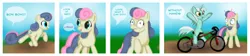 Size: 4418x990 | Tagged: safe, artist:gunslingerpen, derpibooru import, bon bon, lyra heartstrings, sweetie drops, earth pony, pony, unicorn, bicycle, comic, female, mare, photoshop