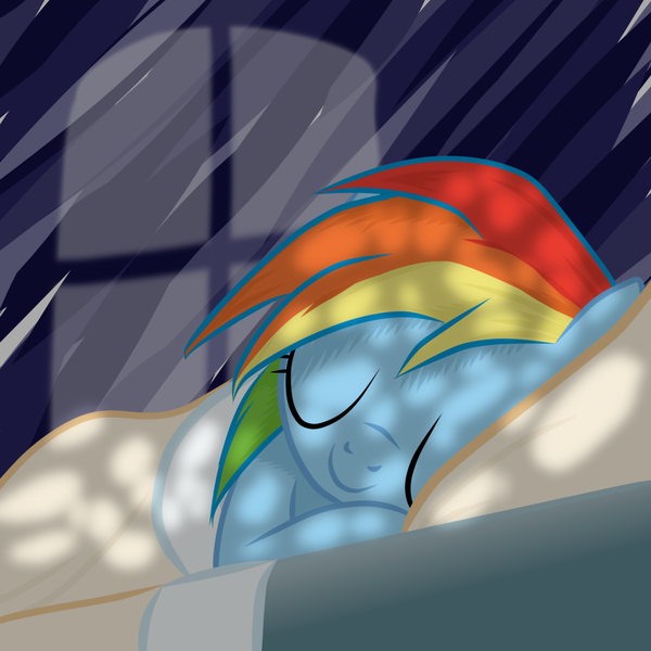 Size: 1024x1024 | Tagged: safe, artist:vunlinur, derpibooru import, rainbow dash, pegasus, pony, bed, dappled sunlight, female, mare, moonlight, night, sleeping, smiling, solo