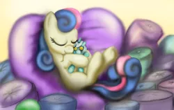 Size: 1683x1068 | Tagged: safe, artist:gunslingerpen, derpibooru import, bon bon, lyra heartstrings, sweetie drops, earth pony, pony, eyes closed, female, filly, foal, hug, pillow, plushie, solo