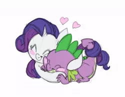 Size: 641x500 | Tagged: safe, artist:carnifex, derpibooru import, rarity, spike, dragon, pony, unicorn, baby, baby dragon, blush sticker, blushing, cuddling, curly tail, cute, eyes closed, female, heart, horn, hug, interspecies, intertwined tails, male, mare, prone, raribetes, shipping, side, simple background, smiling, snuggling, sparity, spikabetes, spikelove, straight, white background
