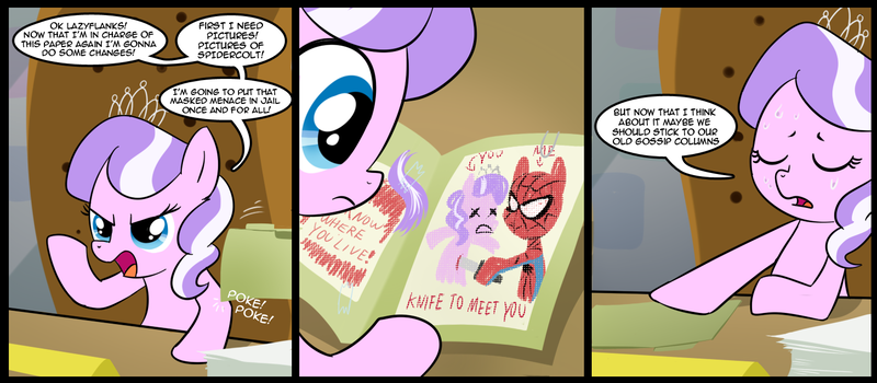 Size: 1500x656 | Tagged: safe, artist:madmax, derpibooru import, diamond tiara, earth pony, pony, comic, crossover, female, filly, j. jonah jameson, spider-man, spidercolt, sweat, threat