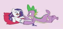 Size: 992x470 | Tagged: safe, artist:carnifex, derpibooru import, rarity, spike, dragon, pony, unicorn, eye contact, female, glasses, interspecies, looking at each other, male, mare, older, on back, shipping, sparity, straight, teenage spike