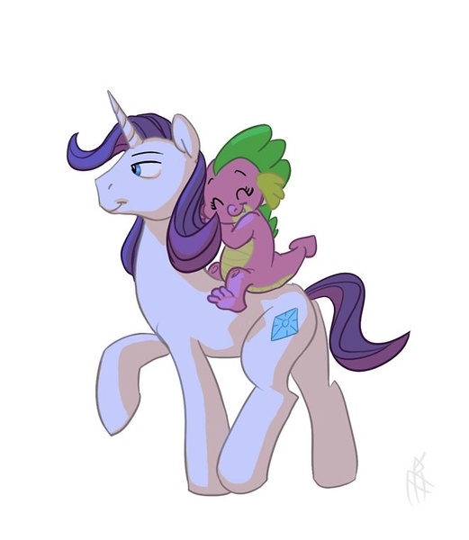 Size: 660x760 | Tagged: safe, artist:carnifex, derpibooru import, rarity, spike, dragon, pony, unicorn, baby, baby dragon, barb, barbabetes, barlusive, cute, dragoness, dragons riding ponies, elusive, elusweet, eyes closed, female, male, riding, rule 63, rule63betes, shipping, signature, simple background, smiling, sparity, stallion, walking, white background