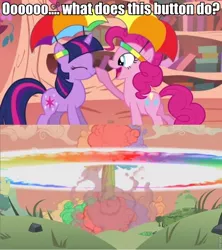 Size: 854x960 | Tagged: safe, derpibooru import, edit, edited screencap, screencap, pinkie pie, twilight sparkle, earth pony, pony, unicorn, feeling pinkie keen, lesson zero, atomic rainboom, dexter's laboratory, duo, duo female, female, hat, honk, mare, rainbow nuke, umbrella hat