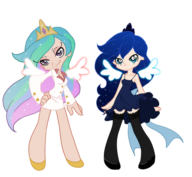 Size: 938x862 | Tagged: artist:the-orator, crossover, derpibooru import, duo, duo female, female, human, humanized, panty and stocking with garterbelt, princess celestia, princess luna, safe, simple background, style emulation, transparent background, winged humanization, wings