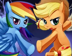 Size: 1000x772 | Tagged: safe, artist:negativefox, derpibooru import, applejack, rainbow dash, earth pony, pegasus, pony, duo, duo female, female, looking at you, mare, serious, serious face, tales of vesperia, underhoof