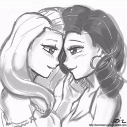 Size: 850x850 | Tagged: safe, artist:johnjoseco, derpibooru import, fluttershy, rarity, human, blushing, cleavage, ear piercing, earring, eye contact, female, flarity, grayscale, humanized, imminent kissing, jewelry, lesbian, looking at each other, monochrome, piercing, shipping