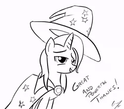 Size: 905x797 | Tagged: safe, artist:gunslingerpen, derpibooru import, trixie, pony, unicorn, female, lineart, mare, monochrome, photoshop, simple background, sketch, solo, white background