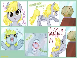 Size: 800x600 | Tagged: safe, artist:paintedmimosa, derpibooru import, derpy hooves, pegasus, pony, against glass, comic, crying, drool, fail, female, glass, mare, muffin, nom, solo, that pony sure does love muffins, underhoof