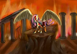 Size: 3600x2552 | Tagged: safe, artist:gunslingerpen, derpibooru import, fluttershy, pegasus, pony, crossover, female, fire, flutterrage, god of war, high res, kratos, mare, mouth hold, photoshop, ruins, solo, spread wings, weapon, wings