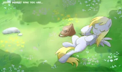 Size: 1500x885 | Tagged: safe, artist:madmax, derpibooru import, derpy hooves, pegasus, pony, bag, cute, derpabetes, eyes closed, female, flower, grass, lying down, mail, mailbag, mare, on back, outdoors, sleeping, smiling, solo