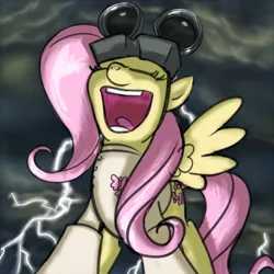 Size: 640x640 | Tagged: safe, artist:giantmosquito, derpibooru import, fluttershy, pegasus, pony, ask-equestria, clothes, cloud, cloudy, coat, crossover, dr adorable, dr. horrible, dr. horrible's sing-along blog, evil laugh, eyes closed, female, gloves, goggles, lab coat, laughing, lightning, mare, open mouth, outdoors, pure unfiltered evil, singing, solo, spread wings, standing, storm, thunderstorm, tongue out, wings