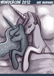 Size: 600x841 | Tagged: safe, artist:johnjoseco, derpibooru import, princess celestia, princess luna, alicorn, pony, ask princess molestia, bed, comic, duo, duo female, female, mare, monochrome, side, sleeping