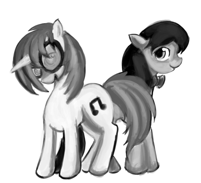 Size: 843x768 | Tagged: safe, artist:gunslingerpen, derpibooru import, octavia melody, vinyl scratch, earth pony, pony, unicorn, female, grayscale, mare, monochrome, photoshop, simple background, white background