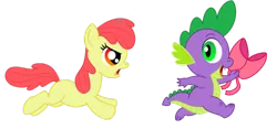 Size: 900x421 | Tagged: safe, artist:aleximusprime, derpibooru import, apple bloom, spike, dragon, earth pony, pony, accessory theft, bow, duo, female, filly, male, running, simple background, smiling, transparent background