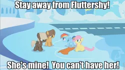 Size: 853x480 | Tagged: safe, derpibooru import, edit, edited screencap, screencap, dumbbell, fluttershy, hoops, rainbow dash, pegasus, pony, the cutie mark chronicles, colt, female, filly, flutterdash, foal, foal romance, image macro, lesbian, male, shipping