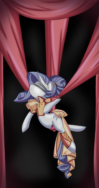 Size: 900x1705 | Tagged: safe, artist:bamboodog, derpibooru import, rarity, pony, unicorn, alternate hairstyle, blindfold, fabric, female, mare, solo, suspended