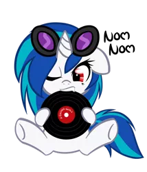 Size: 1024x1195 | Tagged: safe, artist:bamboodog, derpibooru import, vinyl scratch, pony, unicorn, female, filly, floppy ears, nom, one eye closed, simple background, sitting, solo, transparent background, wrong eye color