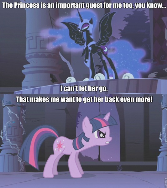 Size: 853x960 | Tagged: safe, derpibooru import, edit, edited screencap, screencap, nightmare moon, twilight sparkle, alicorn, pony, unicorn, friendship is magic, castle of the royal pony sisters, comic, duo, duo female, ethereal mane, female, image macro, last alert, mare, screencap comic, starry mane, unicorn twilight