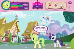 Size: 747x498 | Tagged: safe, derpibooru import, official, screencap, carrot top, golden harvest, rainbow dash, rarity, earth pony, pony, unicorn, adventures in ponyville, blatant lies, duo, duo female, female, game, green hair, lies, mare