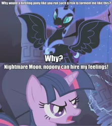 Size: 853x960 | Tagged: safe, derpibooru import, edit, edited screencap, screencap, nightmare moon, twilight sparkle, alicorn, pony, unicorn, friendship is magic, castle of the royal pony sisters, comic, duo, duo female, female, image macro, last alert, mare, screencap comic